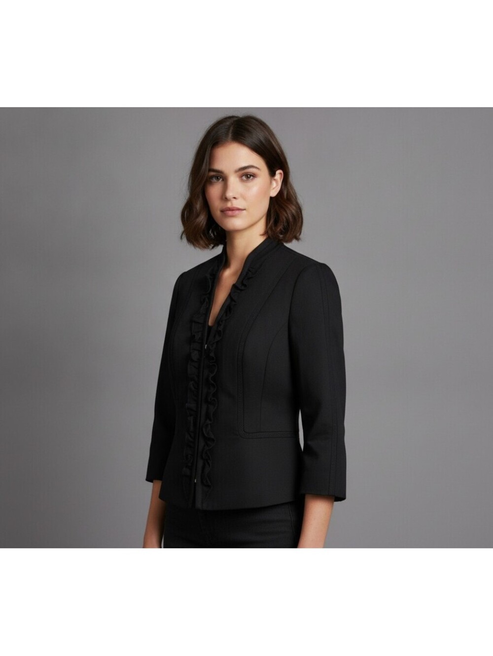 White House Black Market Women's Black Ruffle Trim Blazer Size 4